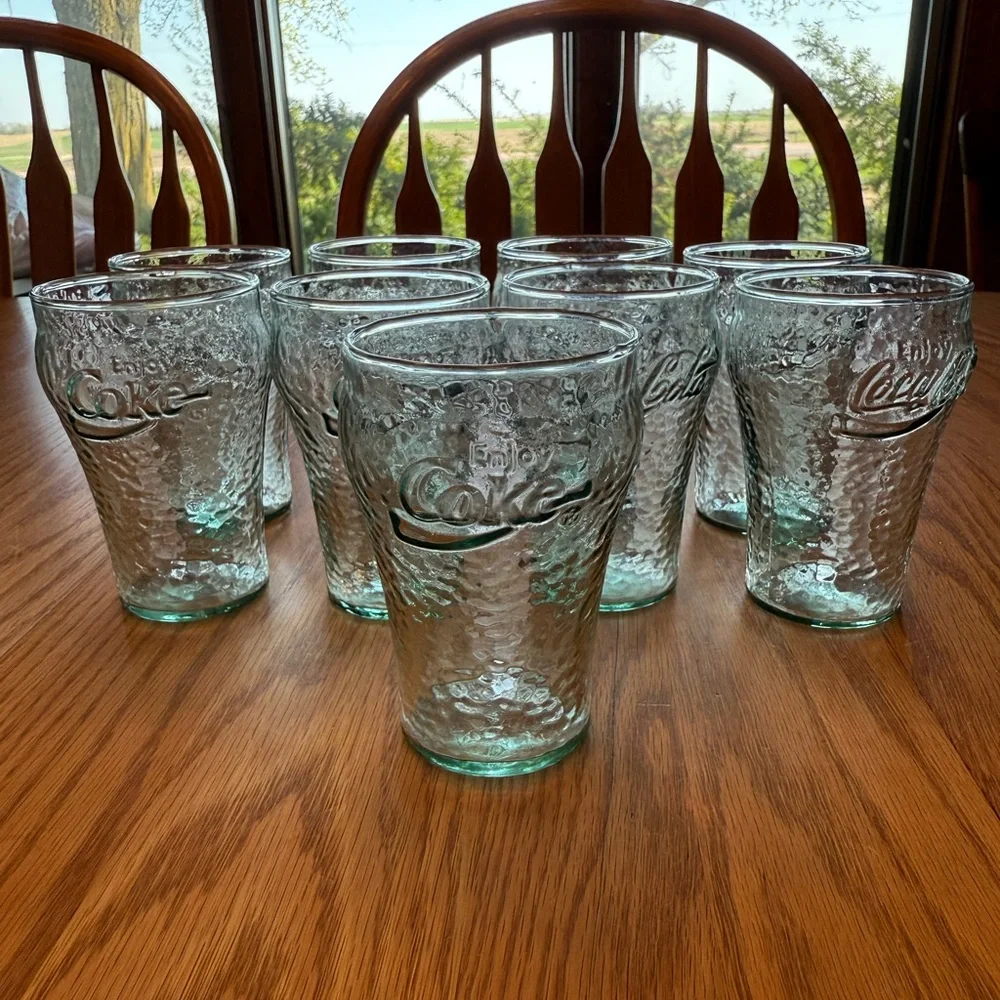 Set of 9 Vintage Mini Green Pebbled Coca-Cola Glasses